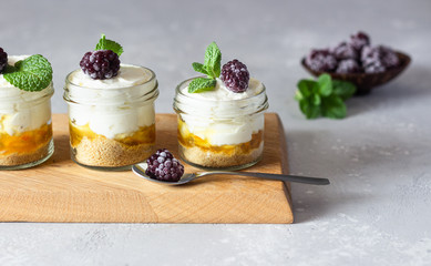 Homemade no baked dessert (cheesecake, trifle, mousse) with orange or peach jam in small portioned jars served with frozen berries and mint. Light grey stone background, copy space.