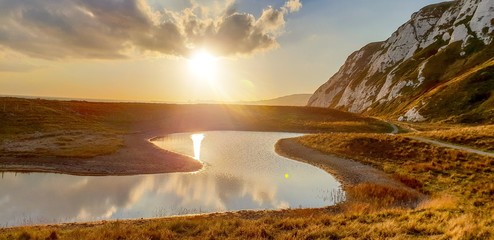 Sunset at Samphire Hoe, Dover, UK - reflections in pond