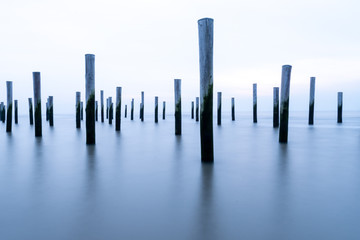 Poles at the sea during blue hour
