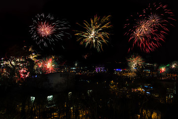Fireworks over the city and port of Gdynia, Poland