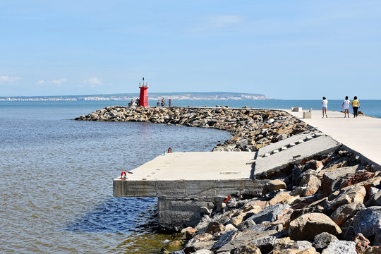 Red lighthouse on the Gola del Segura on the Segura river of Guardamar del Segura, Alicante. Spain. Europe. September 23, 2019