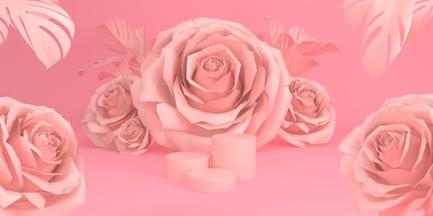 Pink studio background with podiums and roses for product 3d render