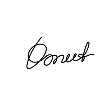 Donat, inscription, continuous line drawing, hand lettering small tattoo, print for clothes, t-shirt, emblem or logo design, one single line on a white background. Isolated vector.