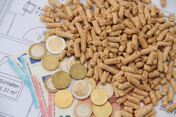 wood pellets with money on a floor plan