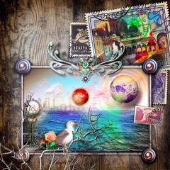 Foto op Plexiglas Fantasie Sprookjesvenster met kust op vintage achtergrond met oude Italiaanse postzegels