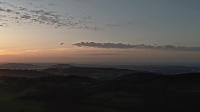 Aerial view of Beskid Mountains (Beskidy), mountain ranges in the Carpathians, at sunset. Wide angle view. Southern Poland, Europe.