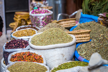 Spices and herbs from a moroccan market in the Medina of Fes