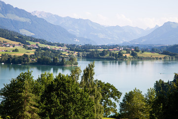 Fototapeta na wymiar Paysage du lac de la gruyère en Suisse