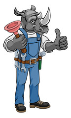 A rhino plumber cartoon mascot holding a toilet or sink plunger and giving a thumbs up