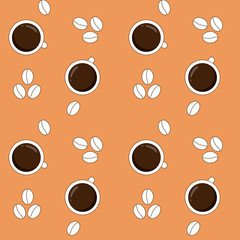 Vector seamless pattern with coffee mugs and coffee beans on an orang with coffee mugs and coffee beans on an orange background. Modern design for paper, cover, fabric, interior decor and other users.