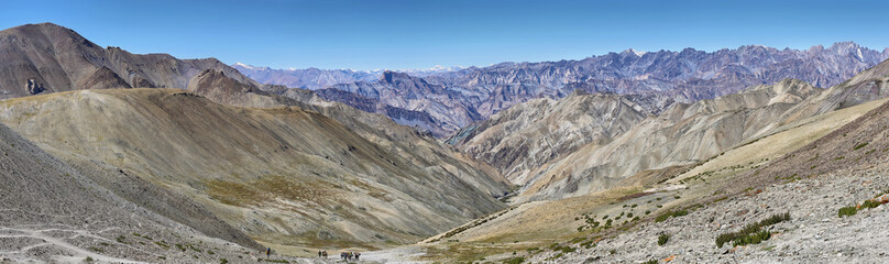 View of mountains and snow capped peaks of himalaya's from Ganda La Pass in Markha Valley Trek, Ladakh, India