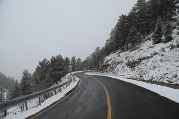 Winter road in the forest. Aerial view the a winding mountain road at .turkey