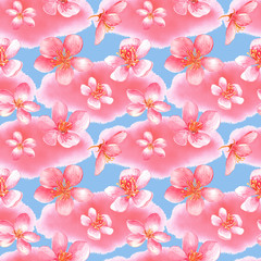 Seamless floral pattern with pink cherry blossom, sakura flowers on a   blue background. Stock illustration. Hand painted  in watercolor.