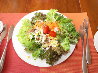 Green salad with tomato and fresh vegetables on the table
