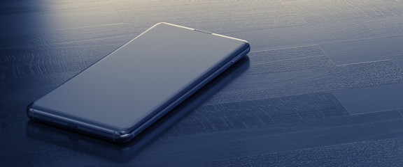 A Smartphone on Wooden Table. Close Up. Top Down View. 3D Render.
