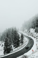 Obraz premium Winter road in the forest. Aerial view the a winding mountain road at .turkey
