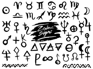Vector set of Zodiac Signs, Planetes and Alchemy Symbols in black color isolated on white background. Astrological icons in rough and grunge hand drawn style. Big collection of esoteric symbols.