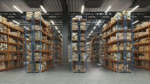 Products at the warehouse. Horizontal camera move along the rows shelves with cardboard boxes. Industrial interior storage room. Logistics center interior full of racks with with large number packs