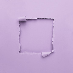 Pastel lavender purple torn paper square frame.Background of the gap openings with copy space for text. Minimal abstract colorful Wallpaper concept.
