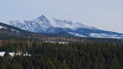 Mount Krivan of High Tatras mountains in northern Slovakia, as seen from hills near Jakubovany during winter season, January 2019