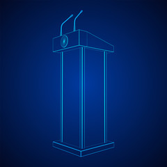 Speaker Podium. White Tribune Rostrum Stand with Microphones. Debate, press conference concept. Wireframe low poly mesh vector illustration