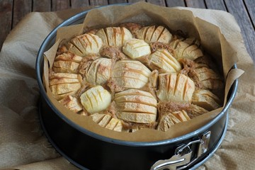 Versunkener Apfelkuchen, Elsässer Apfelkuchen mit Boskop in der Backform, Springform - applecake