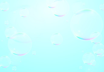 Bubbles on Blue Background . Circle and Liquid , Clear Soapy Shiny , Vector Illustration
