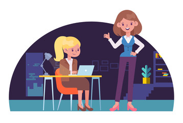 Lady boss and employee. Female office clerk working with computer at her desk. Office workers vector illustration. Flat vector style characters