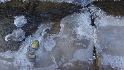 Texture of ice growing on shallow water stream during winter time. 