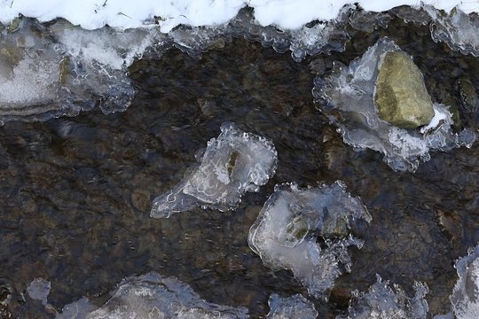 Texture of ice creating decorative shapes on almost frozen artificial melioration water stream, snow present in lower corner. 