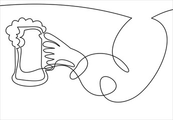 Continuous line drawing of hand holding beer glass. 