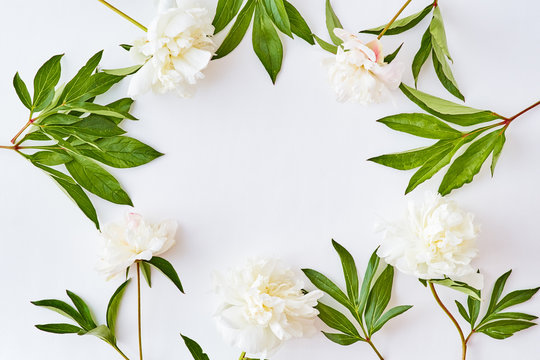 Flat Lay Composition With White Peonies On A White Background