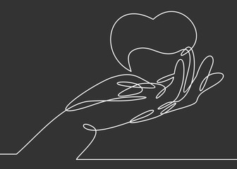 One continuous line drawing of hand holding heart. 