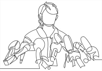 Business conference, business meeting. Man at rostrum in front of audience. Public speaker giving a talk at conference hall- continuous line drawing 