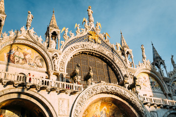 Venice, Italy: details of the facade of the basilica of San Marco illuminated by the winter...