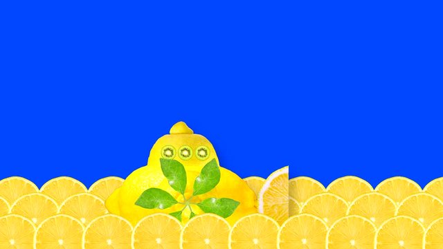 A lemon ship with a mushroom screw made from green leaves floats across the sea from lemon slices and a pop-up fish on a blue background. Brightness mask for cutting out the background.