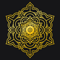 Abstract Petals Leaf Mandala Gold Line On Black Background. Vector Illustration