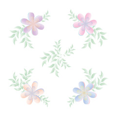 Fototapeta premium Floral pattern, pastel colors, several objects. Set beautiful spring flowers, leaves, twigs of blue, pink, yellow, beige, green, isolate on a white background, individual elements of different shades