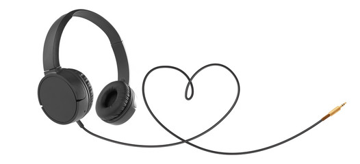 Headphones with hearth shaped cable on white