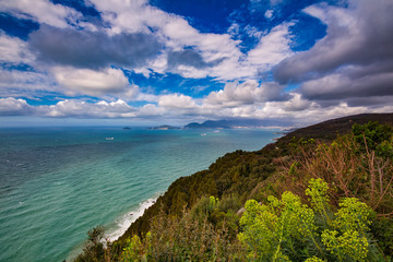 Panorama from Montemarcello on the gulf of La Spezia Liguria Italy