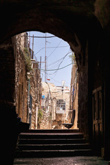 Via Dolorosa Street in Jerusalem. the way of Jesus Christ to the place of crucifixion