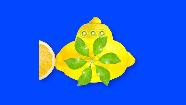 Looping animated video of a yellow ship made of lemon with mushroom blades from green leaves on a blue background with a brightness mask for cutting out the background during video editing.