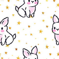 Cute seamless pattern with rabbits. Easter bunnies. Summer rabbits. Gold stars.
