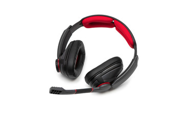 Black-red gaming headphones on a white isolated background.