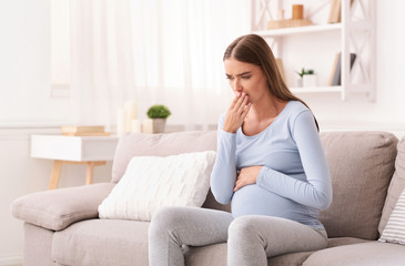 Fototapeta na wymiar Pregnant Lady Feeling Sick Sitting On Sofa Indoor