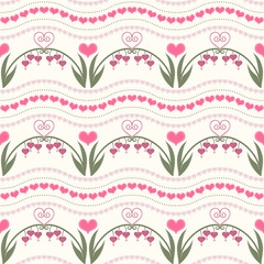Seamless wavy striped pattern of bleeding heart flowers and hearts in shades of pink and green.