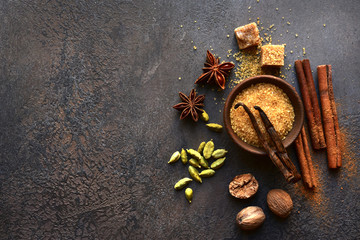 Variety of winter spices. Top view with copy space.