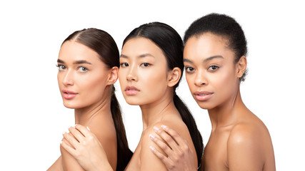 Three Attractive Girls Looking At Camera Posing, Studio Shot, Panorama