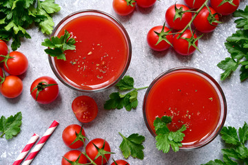 Fresh tomato juice. Top view with copy space.