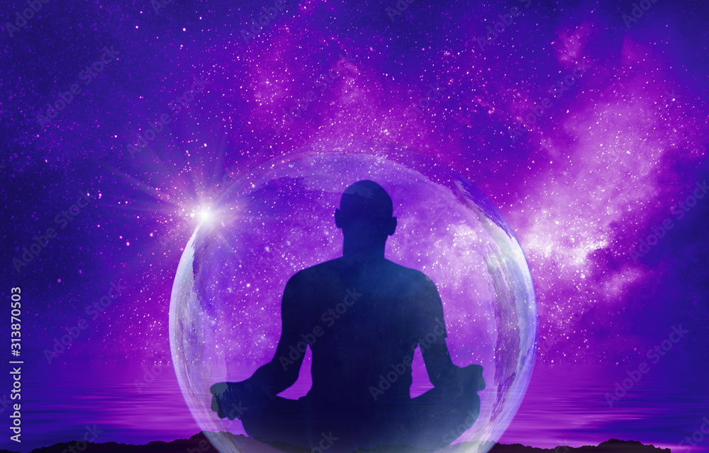 Wall mural yoga cosmic space meditation illustration, silhouette of man practicing outdoors at night